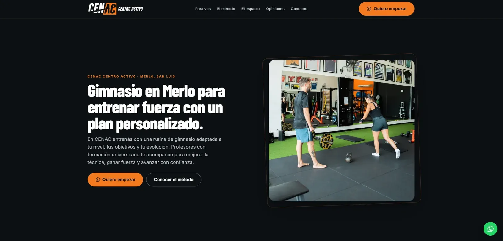 Captura de la landing de CENAC Centro Activo, con propuesta de entrenamiento personalizado en Merlo y botón de consulta.