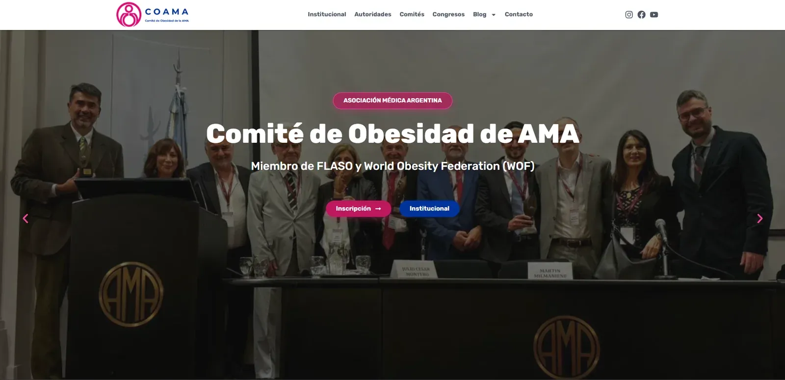 Captura del portal de COAMA con autoridades de la Asociación Médica Argentina y accesos a información institucional, congresos y blog.