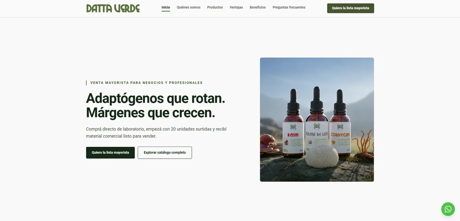 Captura de Datta Verde Mayorista con productos del laboratorio y accesos a la lista mayorista y al catálogo.