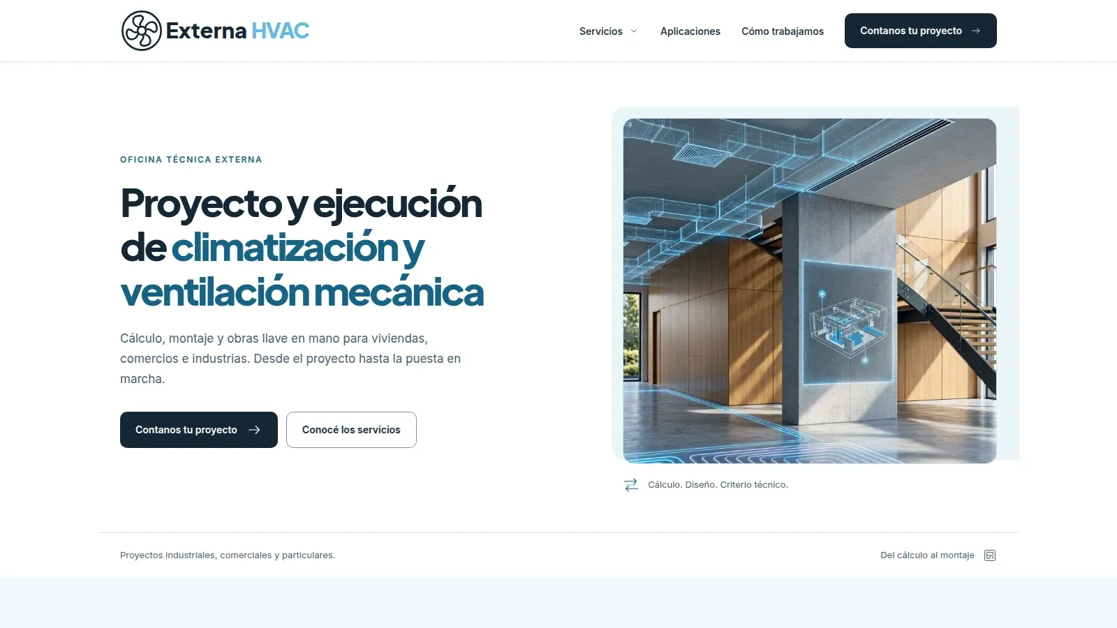 Captura del sitio de Externa HVAC con su propuesta de climatización y ventilación mecánica, imagen arquitectónica y acceso a consultas de proyectos.
