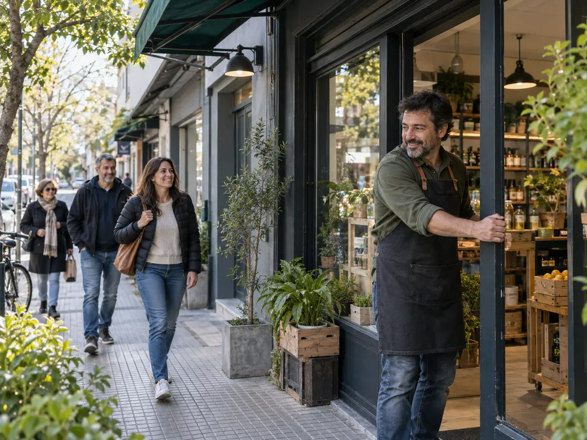 Comerciante abriendo su local mientras clientes se acercan por la vereda