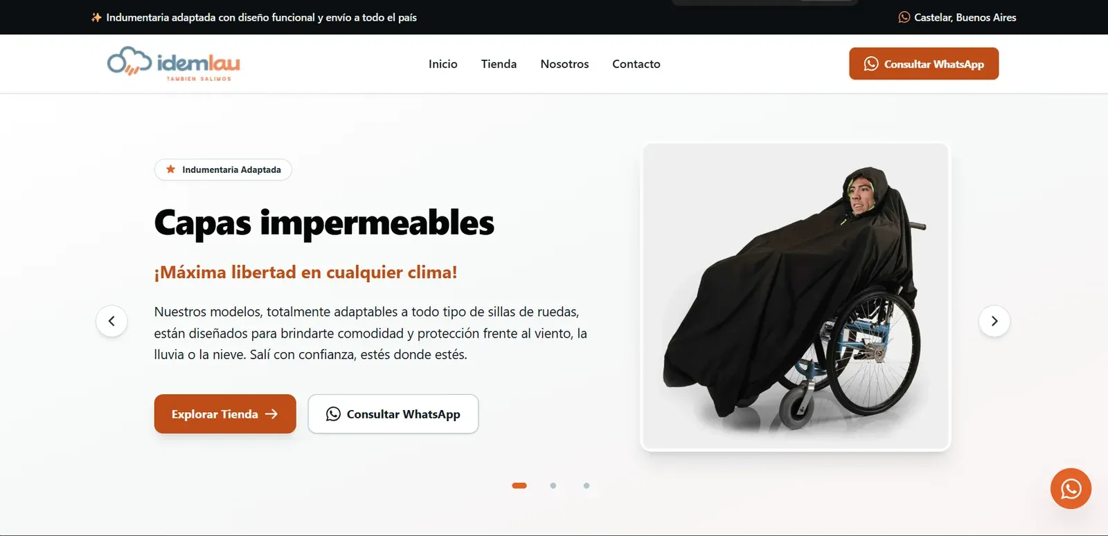 Captura de Idem Lau con catálogo de indumentaria adaptada, capa impermeable para silla de ruedas y accesos a tienda y WhatsApp.
