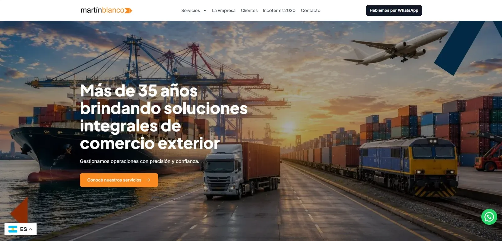 Captura del sitio de Martín Blanco Cargas con su propuesta de comercio exterior, imágenes de transporte internacional y accesos a servicios y WhatsApp.