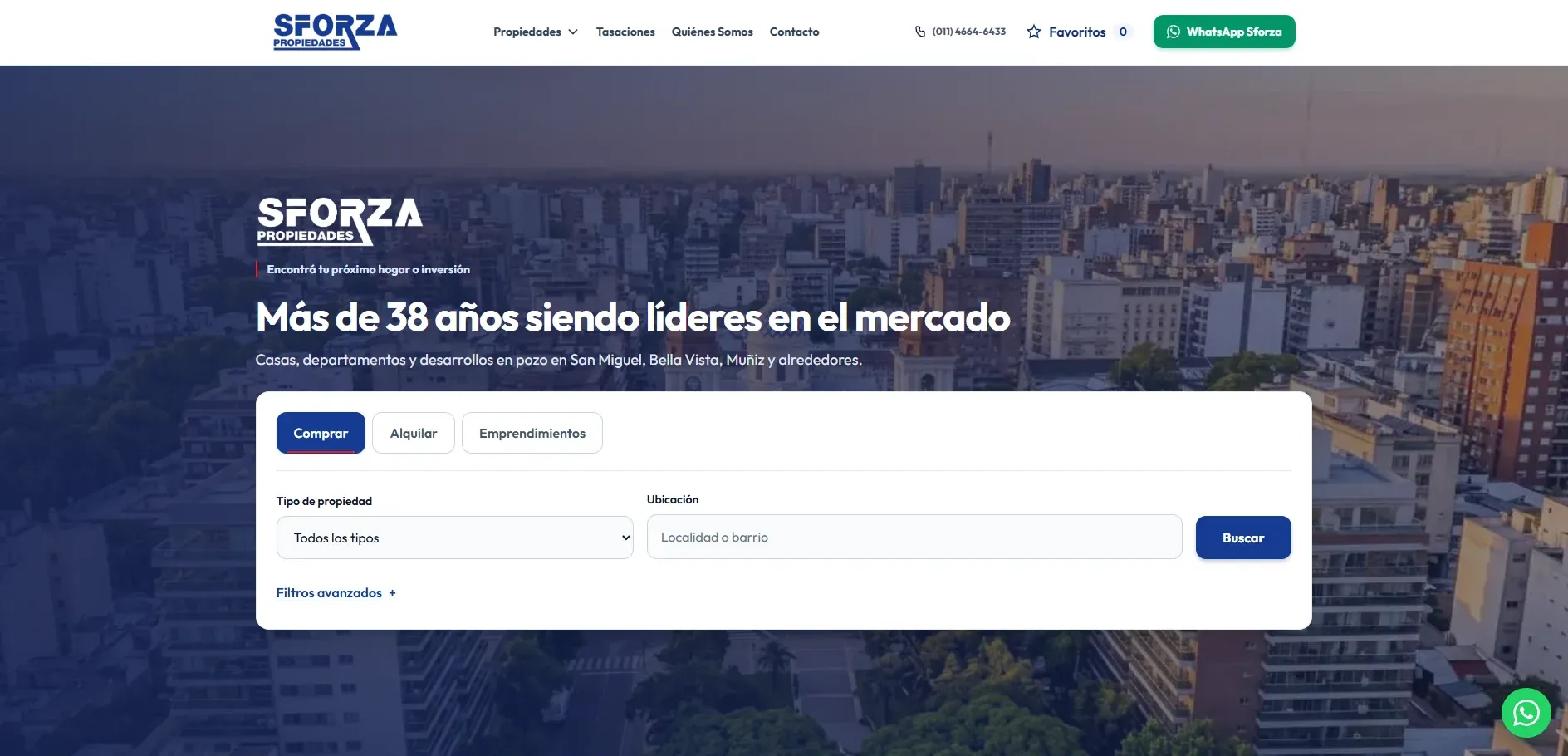 Web personalizada de Sforza Propiedades con buscador de compra, alquiler y emprendimientos conectado a Tokko Broker.
