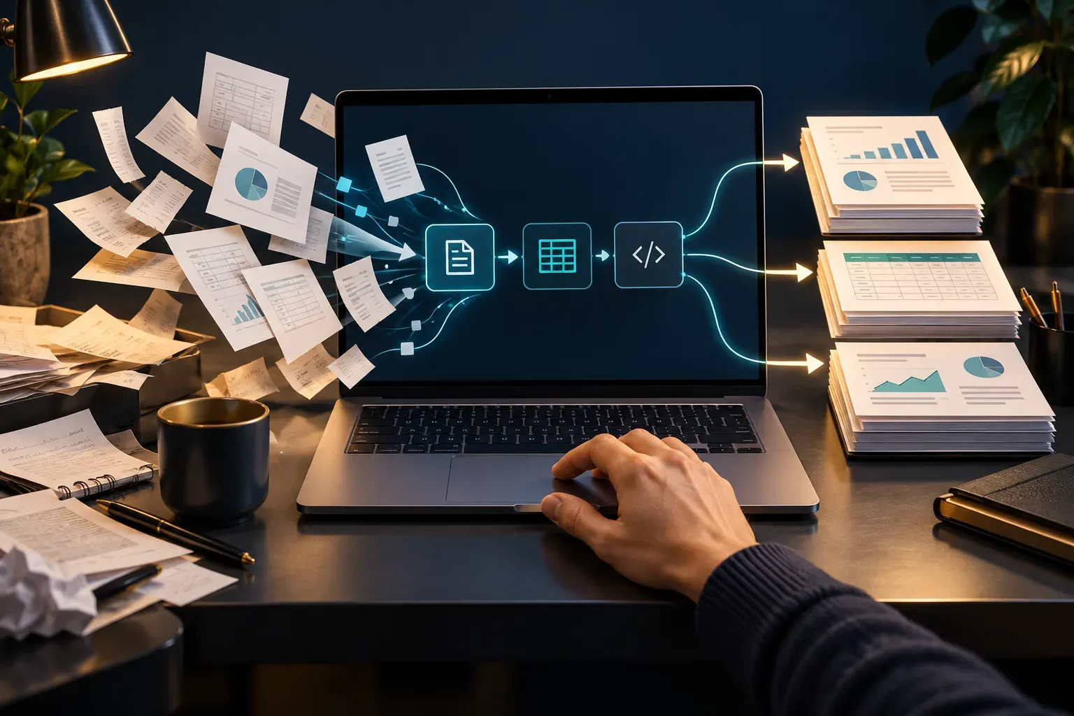 Una laptop conecta documentos y planillas con un proceso que produce informes ordenados, bajo la guía de una persona.