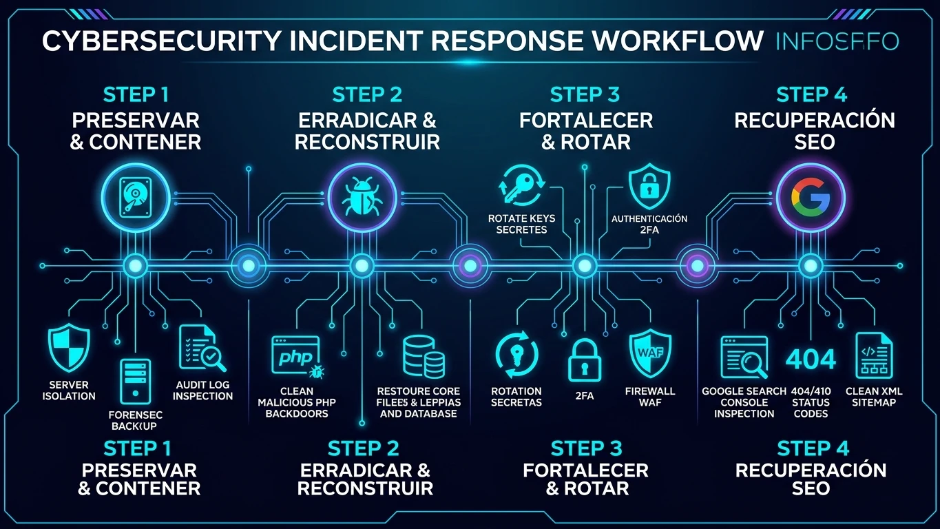 Infografía del flujo de respuesta a incidentes y recuperación SEO: Preservar, Erradicar, Fortalecer y Recuperación en Google