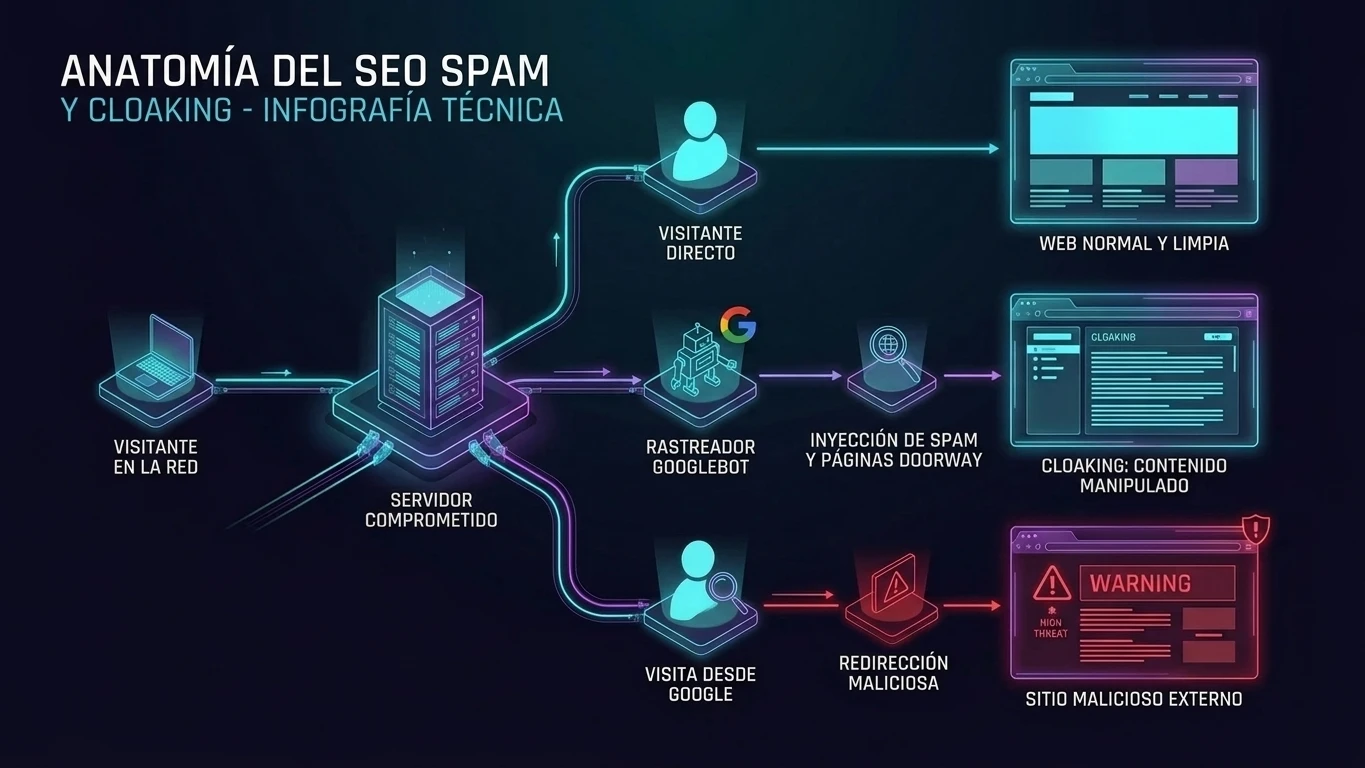 Infografía técnica sobre cómo funciona el SEO Spam y Cloaking: enrutamiento condicional para visitantes directos, bots de búsqueda y tráfico desde Google