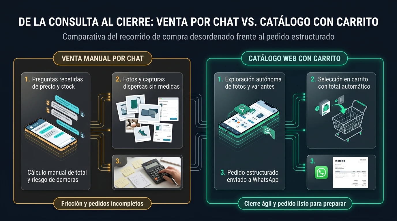 Infografía comparativa: recorrido de venta manual por chat versus catálogo web con carrito y pedido a WhatsApp