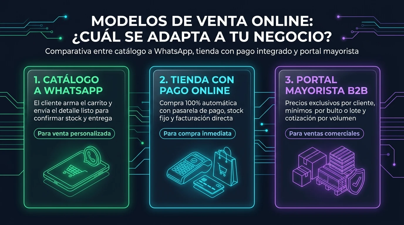 Infografía comparativa de modelos de venta online: catálogo a WhatsApp, tienda con pago online y portal mayorista B2B