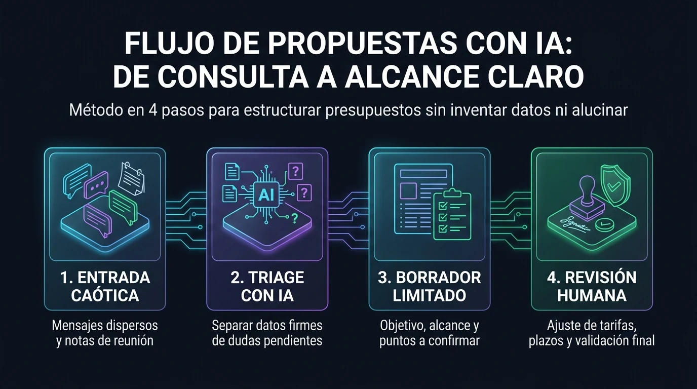 Infografía del flujo de propuestas con IA: de consulta caótica a triage, borrador delimitado y revisión humana
