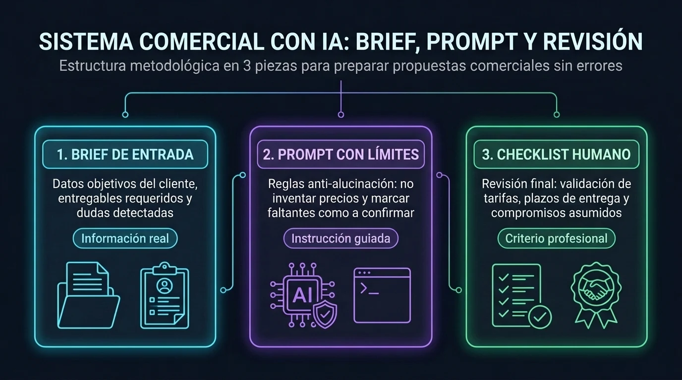 Infografía del sistema comercial con IA: estructura metodológica en tres piezas de brief de entrada, prompt con límites y checklist humano