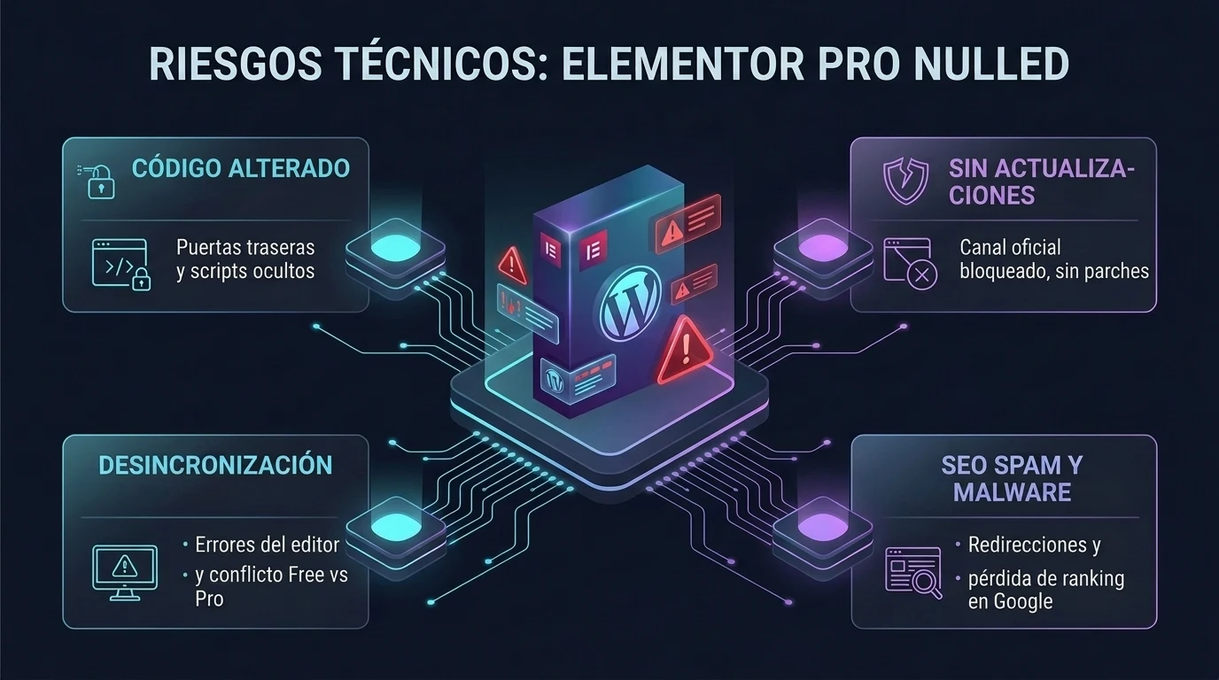 Infografía técnica sobre los riesgos de usar Elementor Pro nulled: código alterado, falta de parches, desincronización y SEO spam