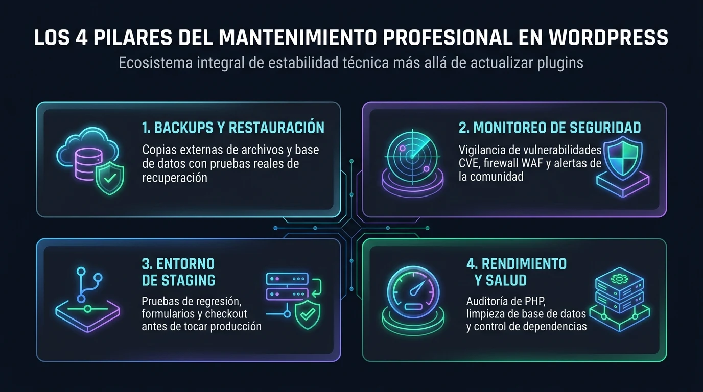 Infografía de los 4 pilares del mantenimiento profesional en WordPress: backups y restauración, monitoreo de seguridad, entorno de staging y rendimiento