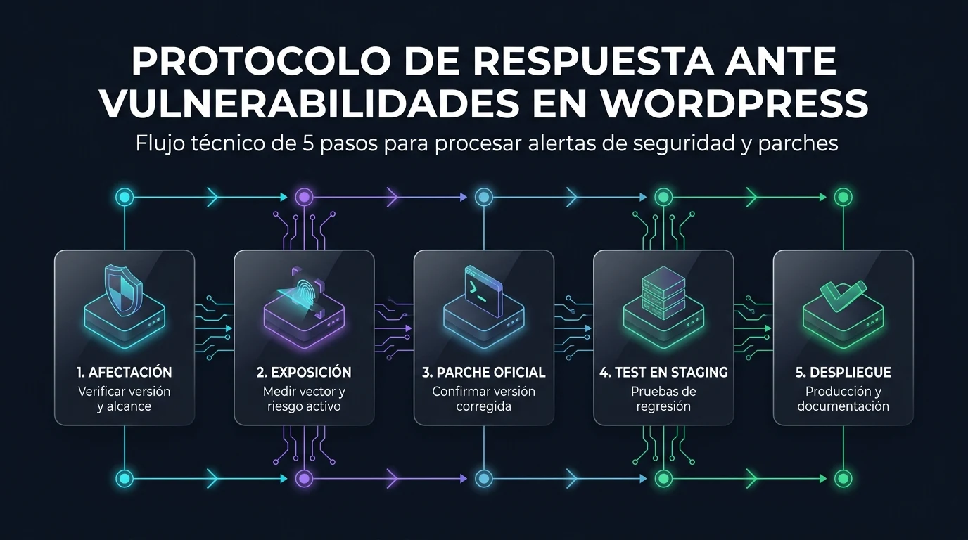 Infografía del protocolo de respuesta ante vulnerabilidades en WordPress: afectación, exposición, parche oficial, test en staging y despliegue