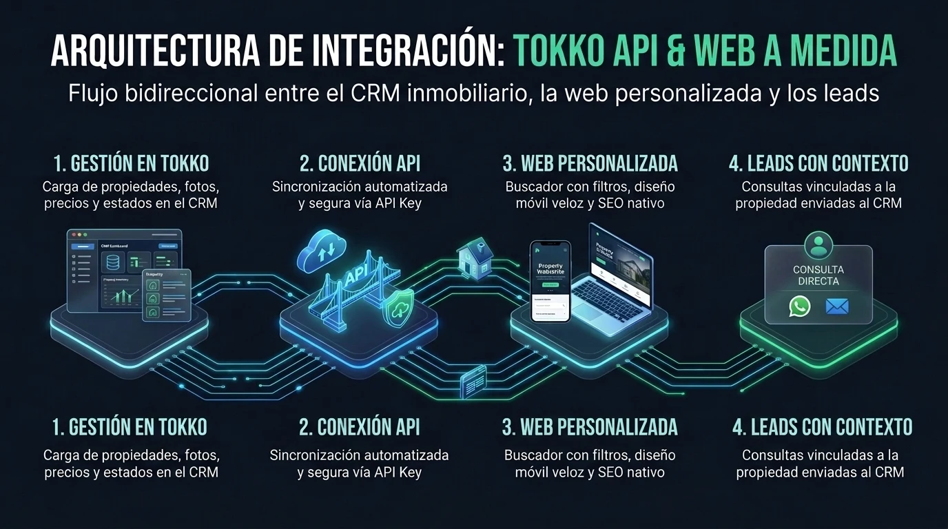 Infografía técnica de integración: arquitectura entre Tokko Broker CRM, conexión por API y web inmobiliaria personalizada