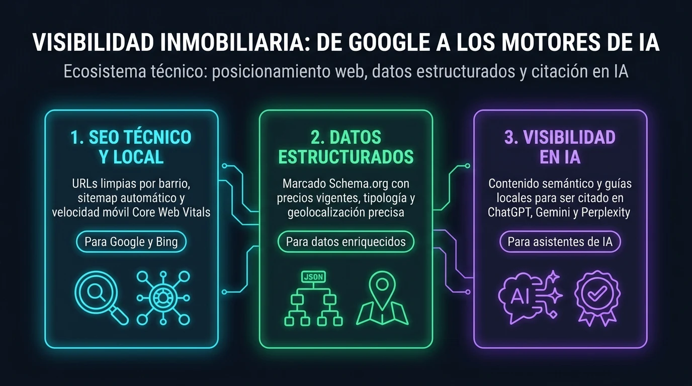 Infografía del ecosistema de visibilidad inmobiliaria: SEO técnico para Google, datos estructurados Schema.org y citación en motores de IA