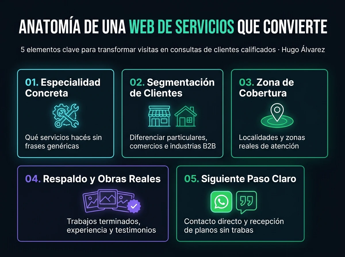 Infografía de la anatomía de una web de servicios que convierte: 5 elementos clave entre especialidad concreta, segmentación de clientes, zona de cobertura, respaldo con obras reales y llamado a la acción claro