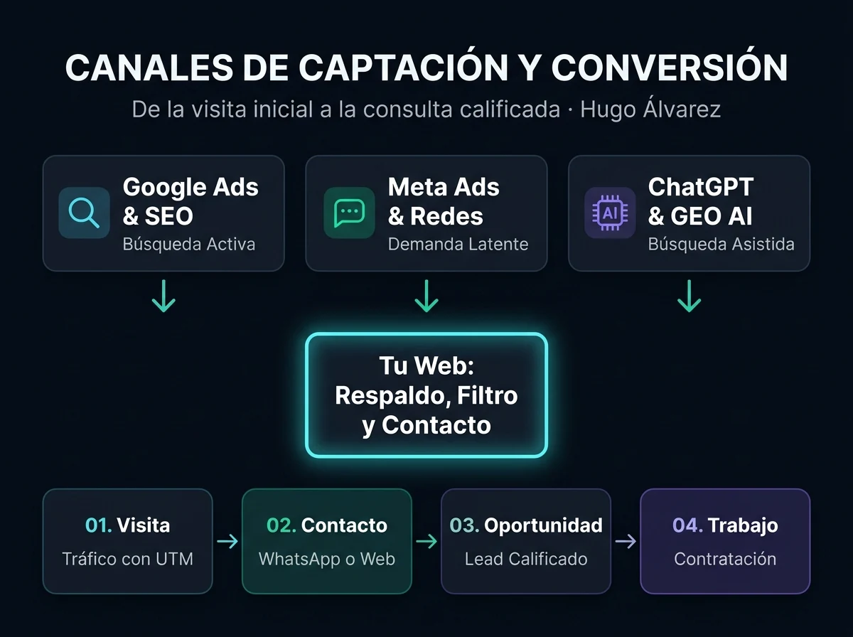 Infografía de canales de captación y embudo de conversión: Google Ads, Meta Ads y ChatGPT Ads canalizados hacia la web central para medir visitas, contactos, oportunidades y ventas
