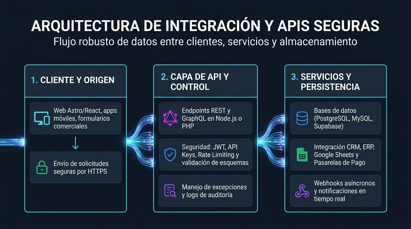 Infografía de arquitectura de integración y APIs seguras: clientes de origen, capa de API con autenticación y servicios de persistencia