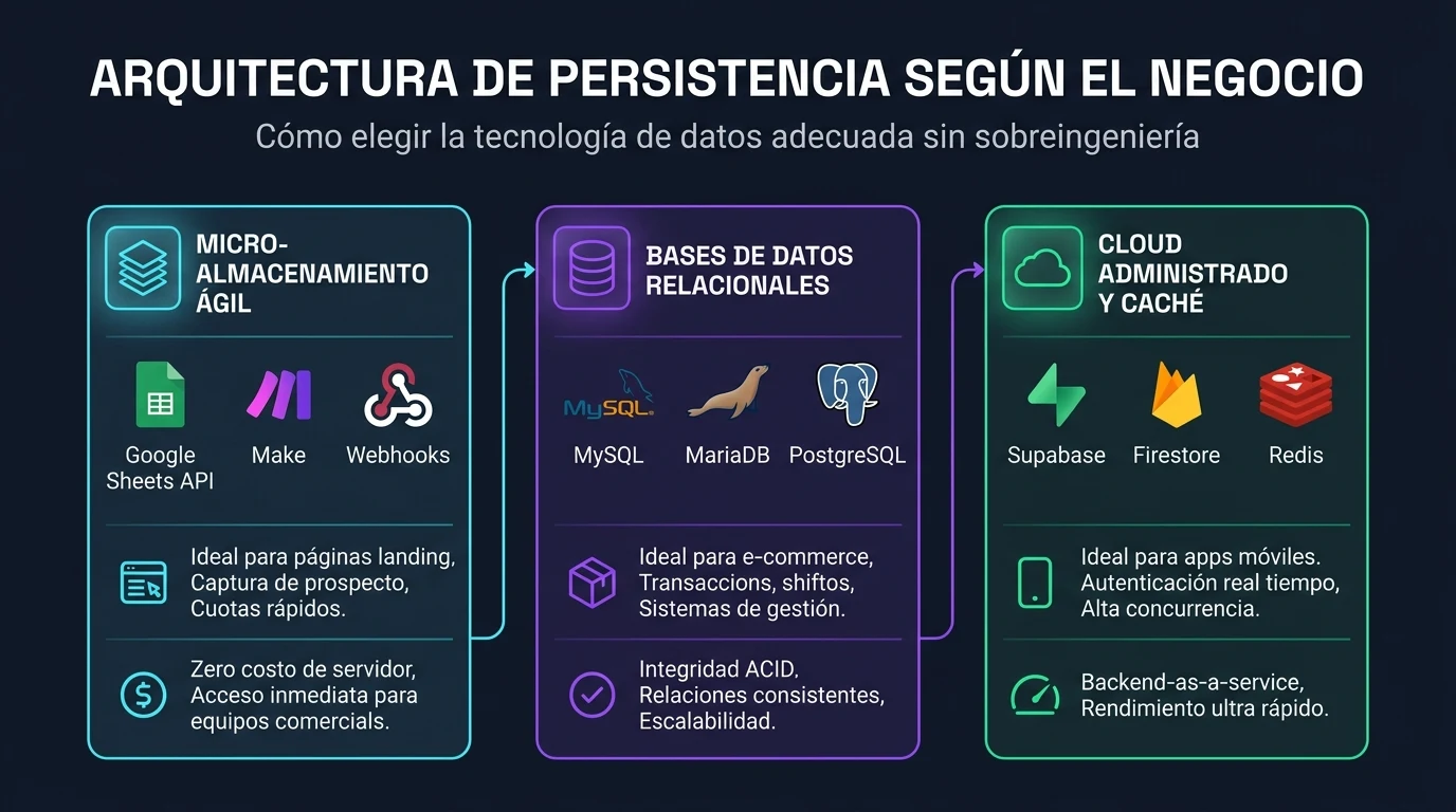 Infografía comparativa de arquitectura de persistencia: micro-almacenamiento en Google Sheets, bases relacionales SQL y cloud administrado