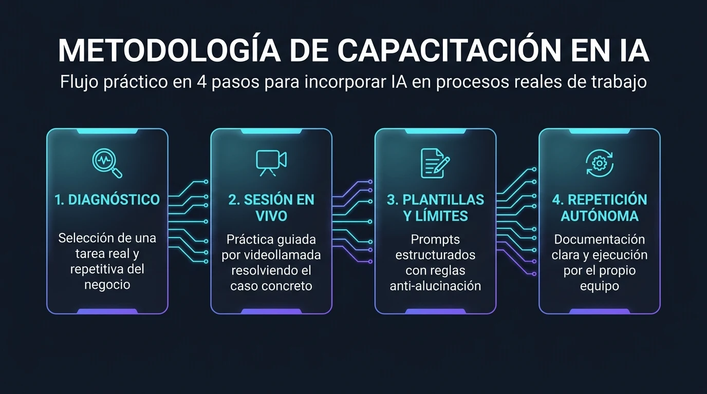 Infografía de metodología de capacitación en IA: 4 pasos prácticos desde el diagnóstico hasta la autonomía del equipo