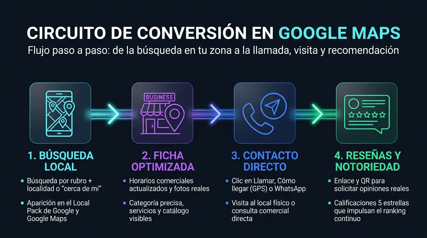 Infografía del circuito de conversión en Google Maps: de la búsqueda local a la ficha optimizada, contacto directo y reseñas