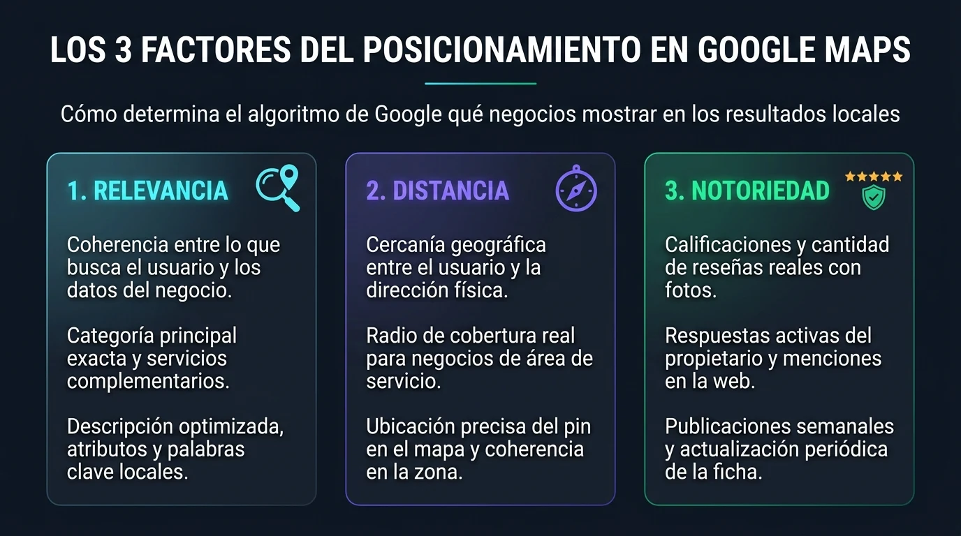 Infografía de los 3 factores de posicionamiento en Google Maps: relevancia, distancia y notoriedad