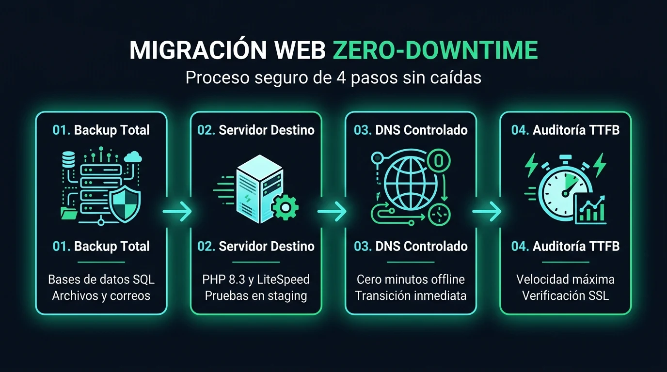 Infografía del proceso de migración web sin caídas y metodología zero-downtime