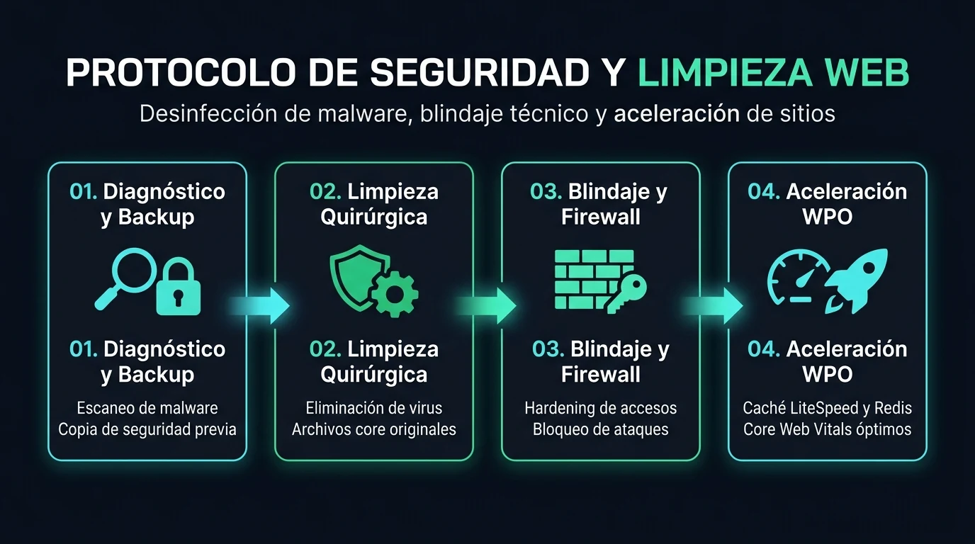 Infografía del protocolo de seguridad, limpieza de malware y aceleración WPO