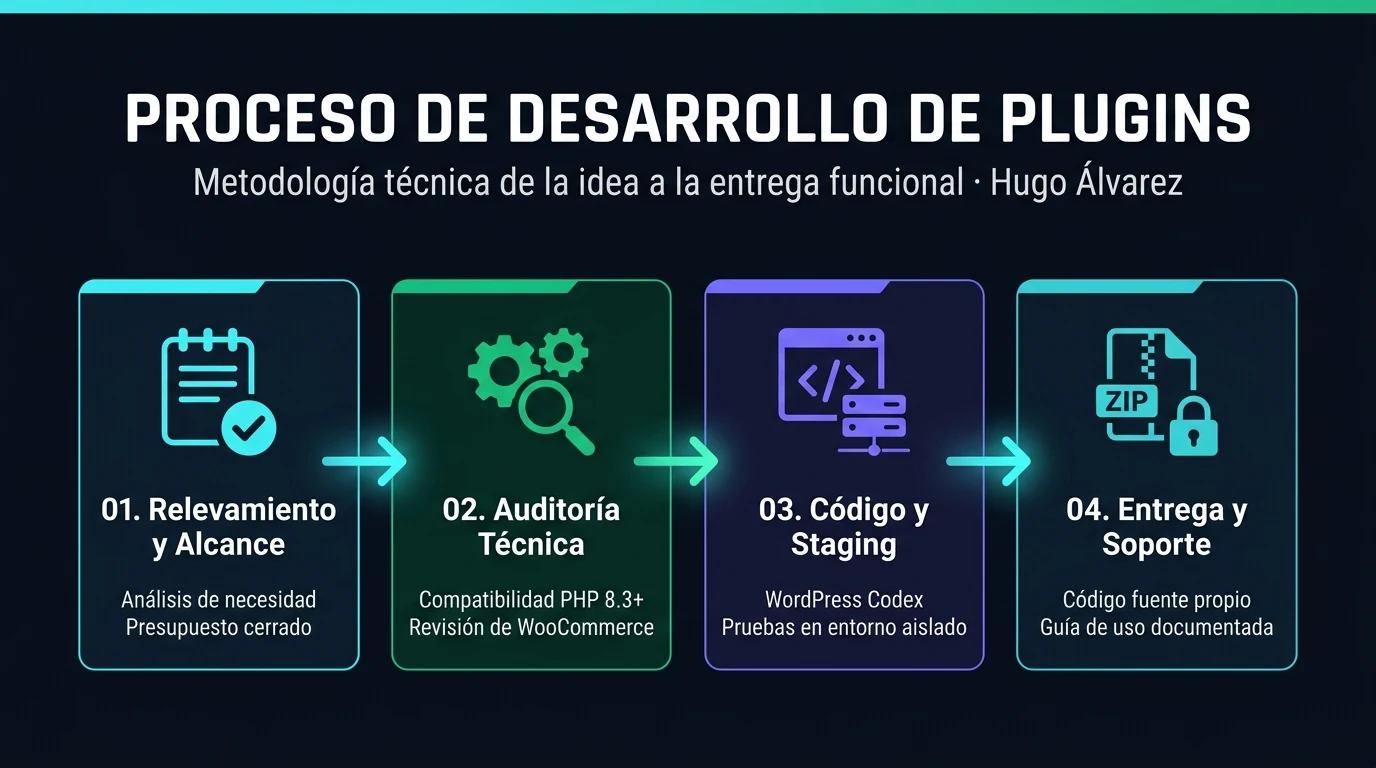 Infografía del proceso y metodología técnica de desarrollo de plugins WordPress