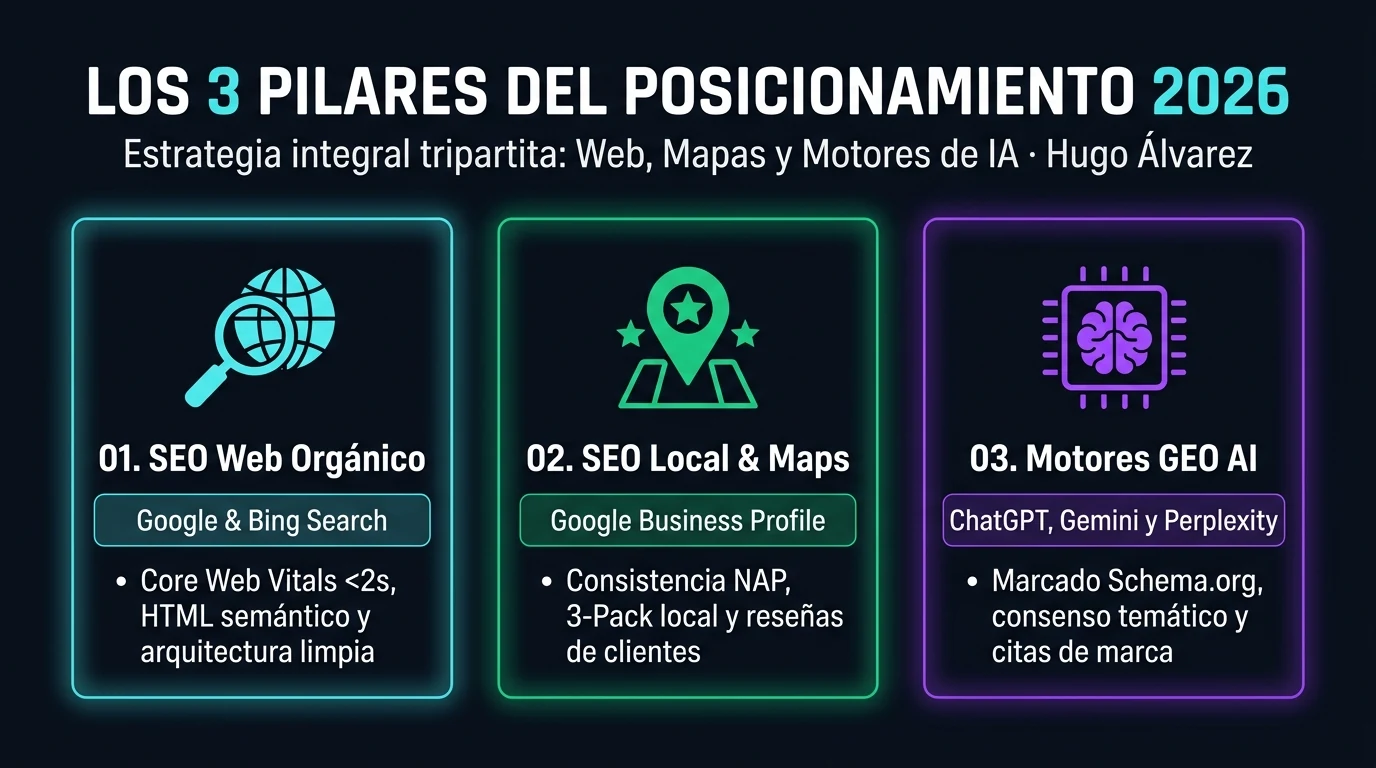 Infografía de los 3 pilares del posicionamiento en 2026: SEO web, Google Maps y motores de IA