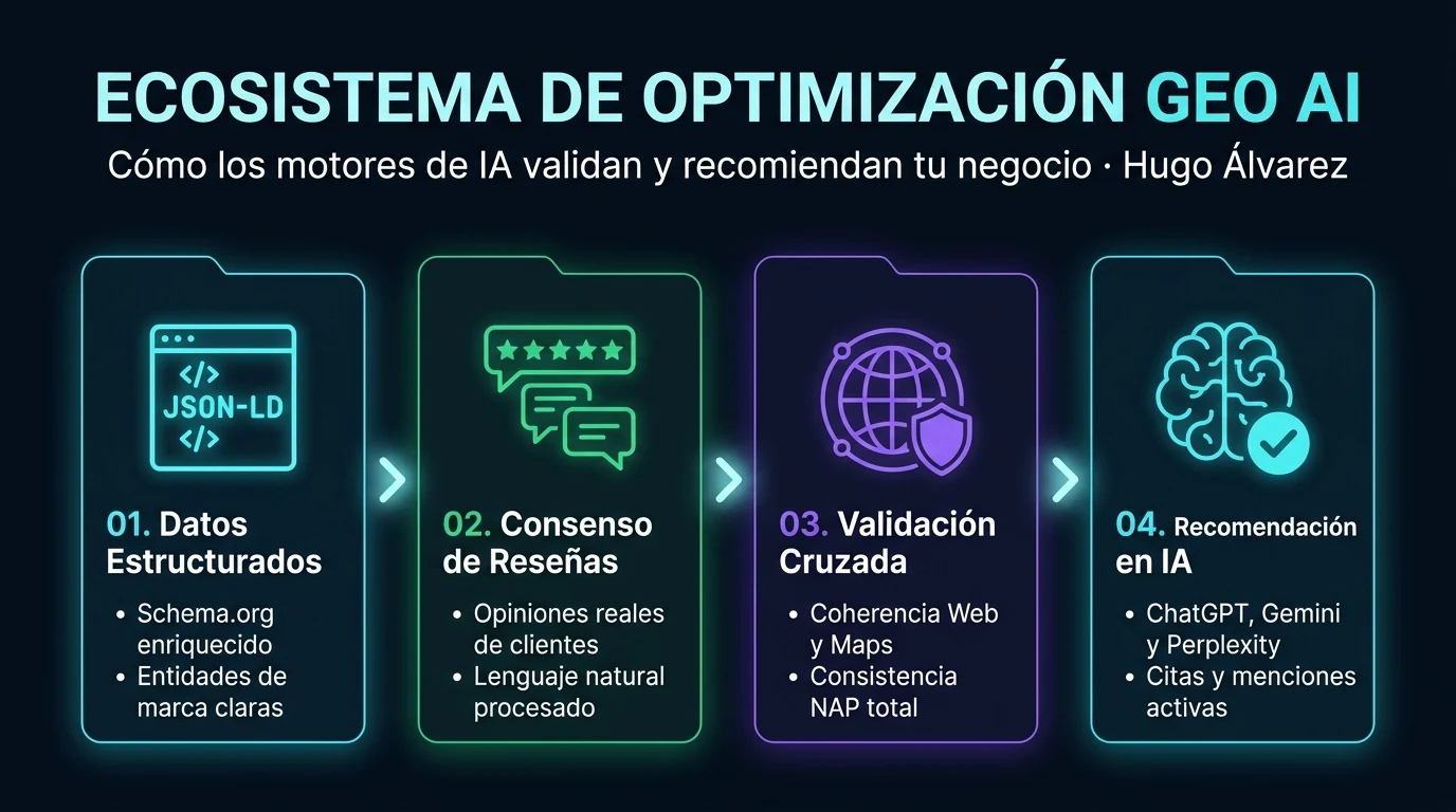 Infografía del ecosistema de validación algorítmica y optimización GEO AI