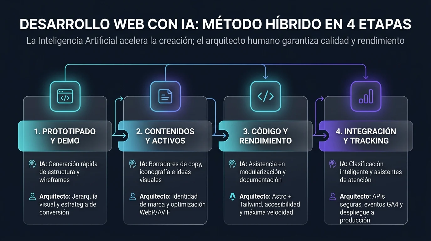 Infografía de metodología híbrida de desarrollo web con IA: 4 etapas desde el prototipo hasta el código limpio y tracking
