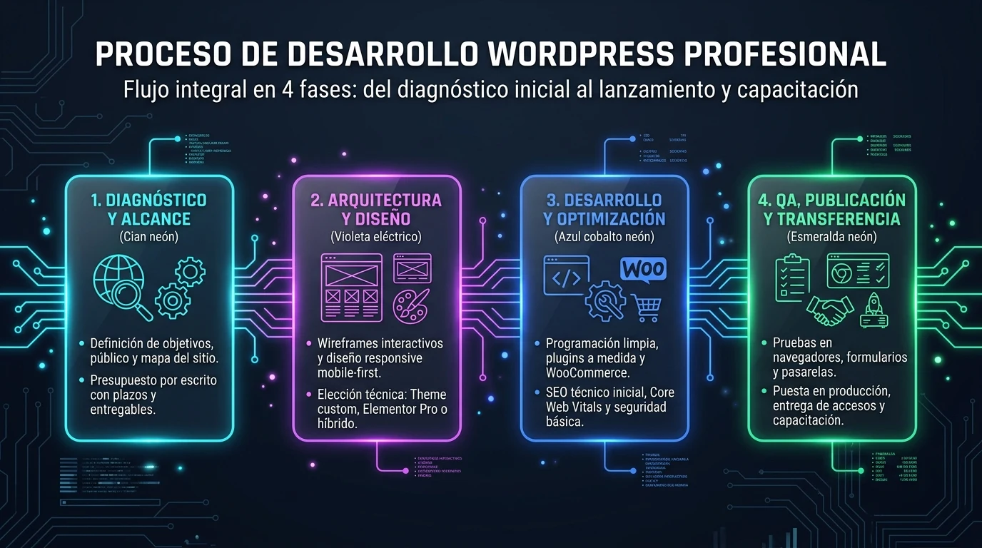 Infografía del proceso de desarrollo WordPress: diagnóstico, arquitectura, desarrollo técnico y lanzamiento con capacitación